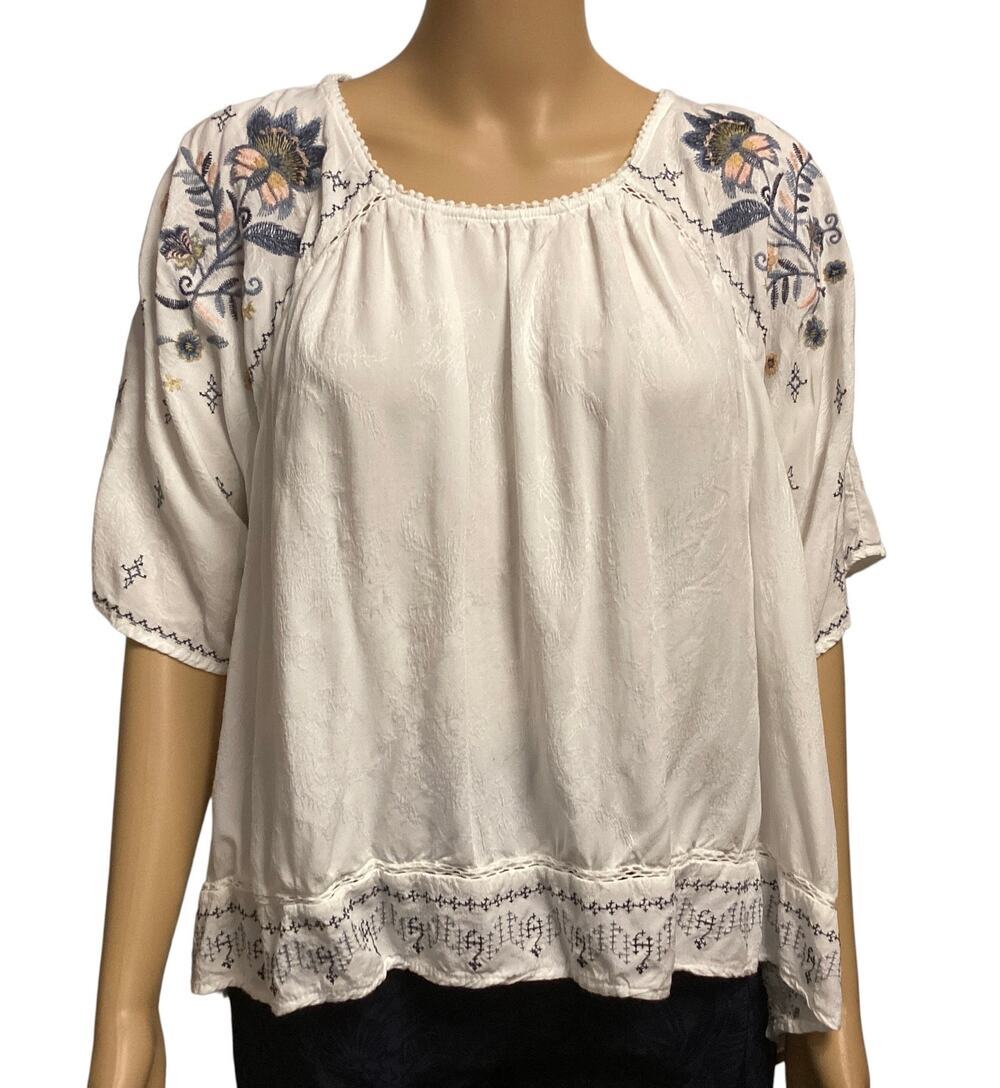 Knox Rose Embroidered Boho Blouse White Short Sleeve High-Low Hem Top size L